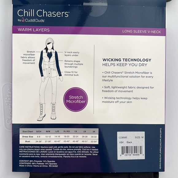 Cuddl Duds Chill Chasers Stretch Microfiber Long Sleeve V-Neck Top CD8585 Black - Picture 3 of 5